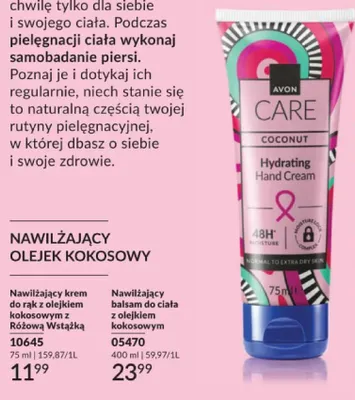 Nawilżający krem do rąk z olejkiem kokosowym z Różową Wstążką Avon Care promocja w AVON