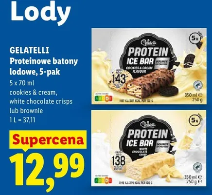 Lody proteinowe batony lodowe Gelatelli brownie 5-pak promocja w Lidl