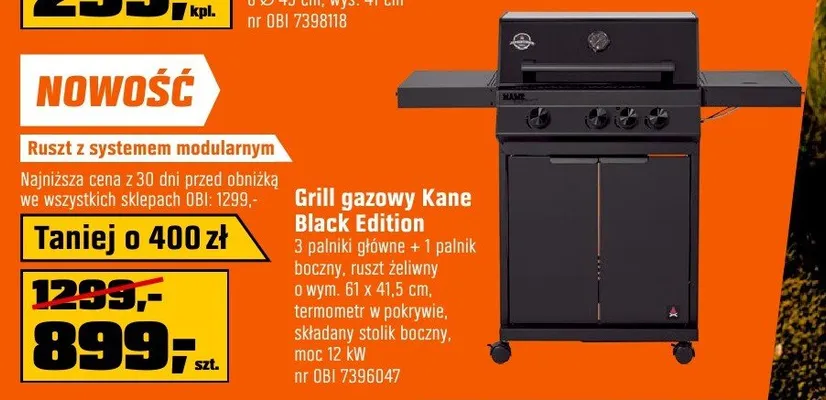 Grill gazowy Kane Black Edition 3 palniki główne + 1 palnik boczny, ruszt żeliwny rywm. 61 x 41,5 cm, termometr w pokrywie, składany stolik boczny, moc 12 kW promocja w OBI