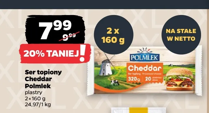 Ser topiony Cheddar w plastrach Polmlek 2-pak promocja w Netto