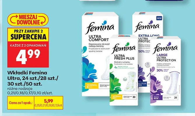 Wkładki higieniczne Femina Ultra Comfort promocja w Biedronka