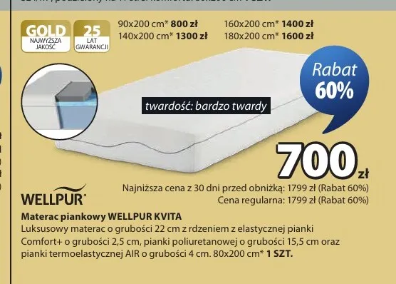 Materac piankowy Wellpur Kvita 90x200 cm promocja w Jysk