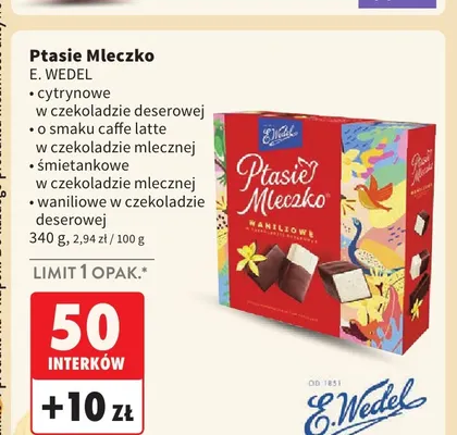 Ptasie Mleczko o smaku caffe latte w czekoladzie mlecznej E.Wedel promocja w Intermarche