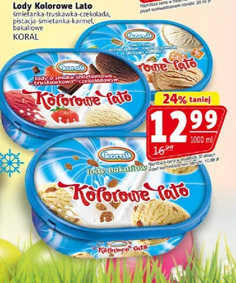 Lody Kolorowe Lato śmietanka-truskawka-czekolada, pistacja-śmietanka-karmel, bakaliowe promocja w Prim Market