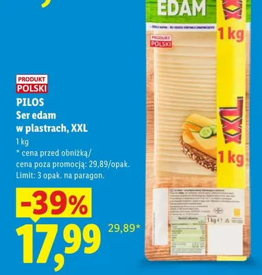 Ser edam w plastrach XXL Pilos promocja w Lidl
