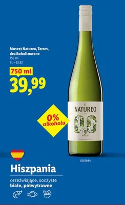 Wino bezalkoholowe Muscat Natureo Torres promocja w Lidl