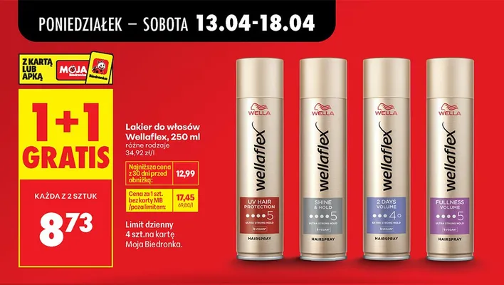 Lakier do włosów Wellaflex, różne rodzaje 1+1 GRATIS promocja w Biedronka