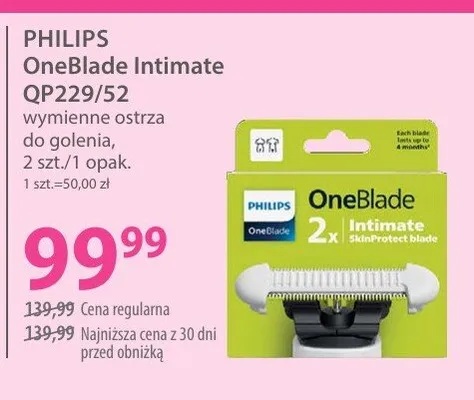 Wymienna ostrza do golenia, 2 szt./1 opak. OneBlade Intimate QP229/52 promocja w Hebe