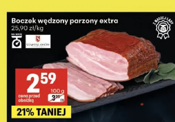 Boczek wędzony parzony extra Stanisławów promocja w Delikatesy Centrum