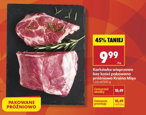 Karkówka wieprzowa bez kości pakowana próżniowo Kraina Mięs promocja w Biedronka