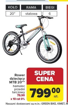 Rower dziecięcy MTB KIMRIDE 20" hamulec przedni tarczowy promocja w Carrefour