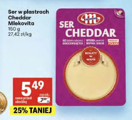 Ser w plastrach Cheddar Mlekovita promocja w Delikatesy Centrum