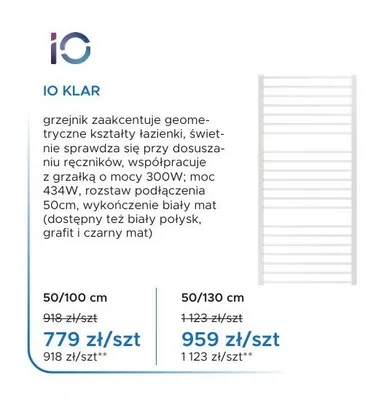 Grzejnik łazienkowy IO Klar 50/100 cm promocja w Blu Salony Łazienek