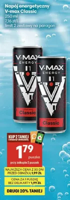 Napój energetyczny V-max Classic promocja w Delikatesy Centrum