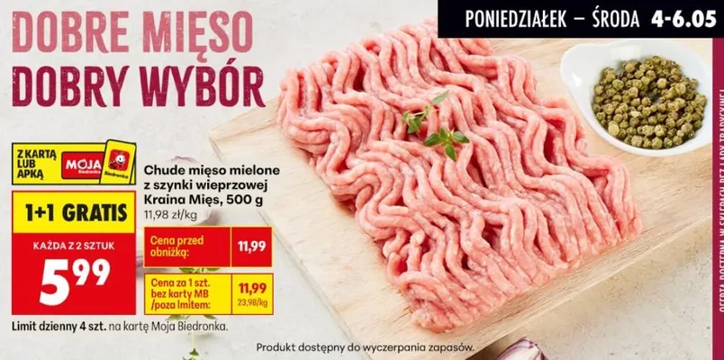 Chude mięso mielone z szynki wieprzowej Kraina Mięs promocja w Biedronka