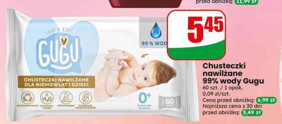 Chusteczki nawilżane 99% wody Gugu promocja w Dino