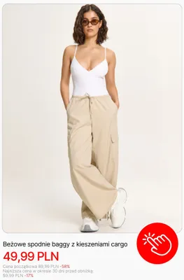 Spodnie baggy Cropp beżowe z kieszeniami cargo promocja w Cropp