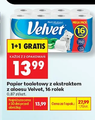Papier toaletowy z ekstraktem z aloesu Velvet promocja w Biedronka