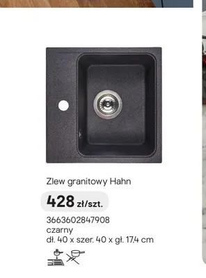 Zlew granitowy Hahn czarny dł. 40 x szer. 40 x gł. 17,4cm promocja w Castorama