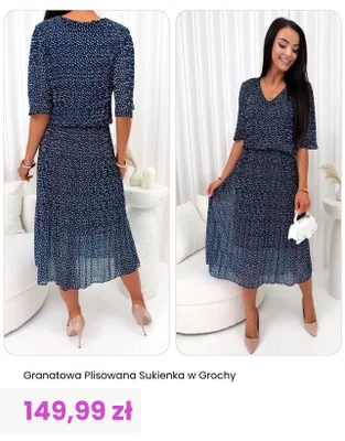 Sukienka plisowana w grochy granatowa ModnaKiecka.pl Modnakiecka. Pl promocja w Modna Kiecka