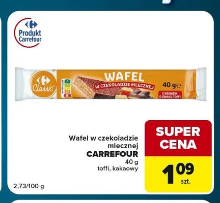 Wafel w czekoladzie mlecznej o smaku kakaowym Carrefour Classic promocja w Globi