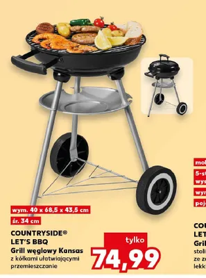 Grill węglowy Kansas COUNTRYSIDE LET'S BBQ wym. 40x68,5x43,5cm promocja w Kaufland