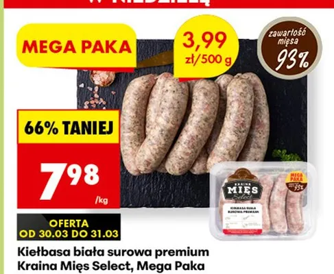 Kiełbasa biała surowa premium, Mega Paka promocja w Biedronka