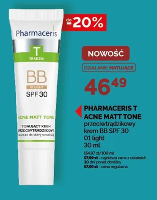Przeciwtrądzikowy krem BB SPF 30 Pharmaceris T Acne Matt Tone 01 light promocja w Ziko Dermo