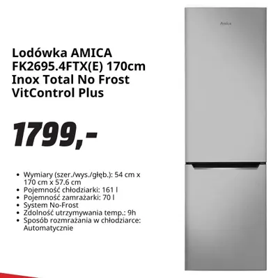 Lodówka Amica FK2695,4FTX(E) 170 cm Inox Total No Frost VitControl Plus promocja w Media Markt
