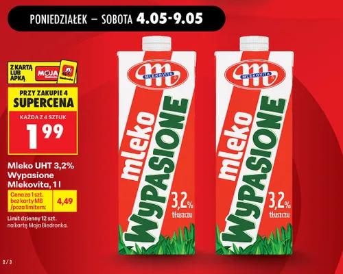 Mleko UHT 3,2% Wypasione Mlekovita promocja w Biedronka