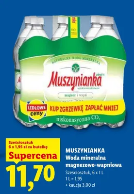 Woda mineralna magnezowo-wapniowa niskonasycona Muszynianka sześciosztuk promocja w Lidl