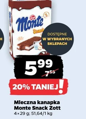 Mleczna kanapka Monte Snack Zott 4-pak 29g promocja w Netto