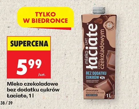 Mleko czekoladowe bez dodatku cukrów Łaciate 1l promocja w Biedronka