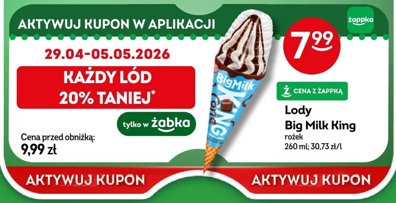 Lody big milk king rożek promocja w Żabka