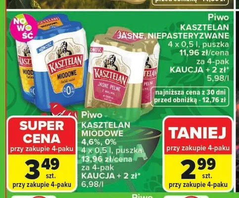 Piwo Kasztelan Jasne Pełne 4-pak 0,5l promocja w Carrefour