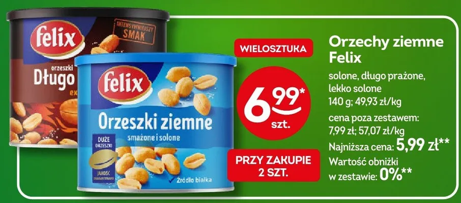 Orzeszki ziemne Felix solone, długo prażone, lekko solone promocja w Żabka