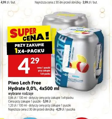Piwo bezalkoholowe Lech Hydrate 4-pak 500 ml promocja w Twój Market