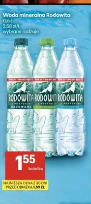 Woda mineralna gazowana Rodowita delikatnie promocja w Delikatesy Centrum