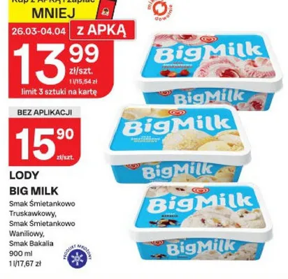 Lody smak śmietankovo truskawkowy, smak śmietankovo waniliowy, smak bakalia promocja w Chorten