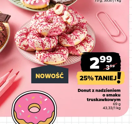 Donut z nadzieniem o smaku truskawkowym promocja w Netto