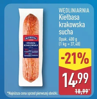 Kiełbasa krakowska sucha Wędliniarnia promocja w Aldi