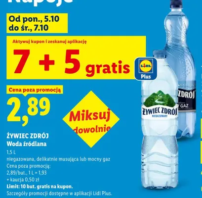 Woda źródlana gazowana delikatnie musująca Żywiec Zdrój promocja w Lidl