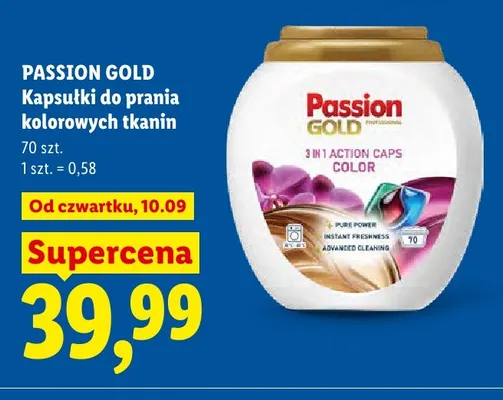 Kapsułki do prania kolorowych tkanin Passion Gold 3 in 1 Action Caps Color 70-pak promocja w Lidl
