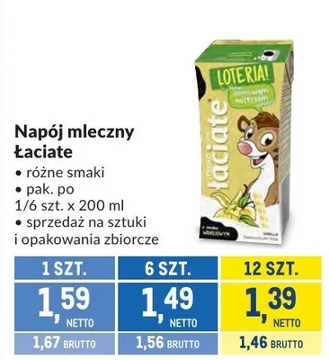 Napój mleczny Łaciate różne smaki promocja w Makro