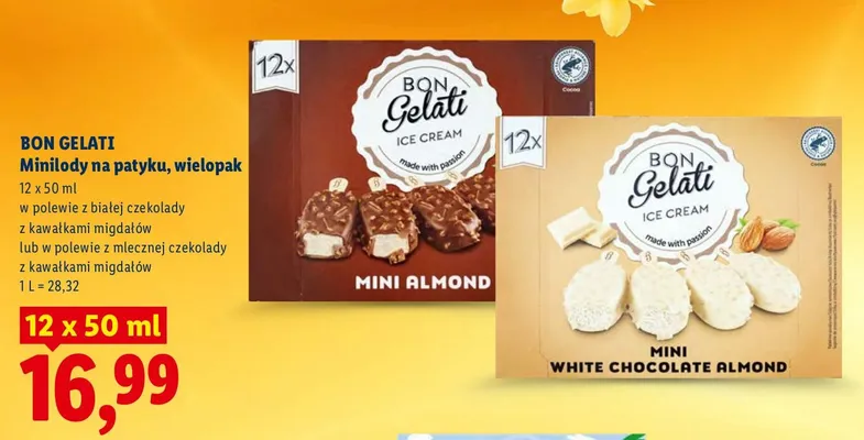 Minilody na patyku, wielopak w polewie z białej czekolady z kawałkami migdałów lub w polewie z mlecznej czekolady z kawałkami migdałów promocja w Lidl