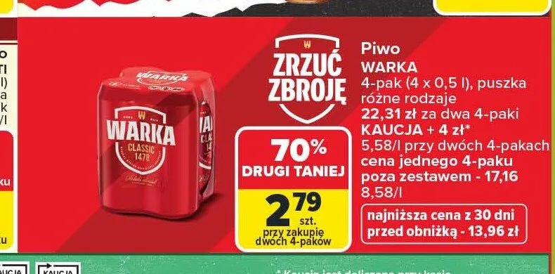 Piwo Warka Classic 4-pak promocja w Carrefour Market