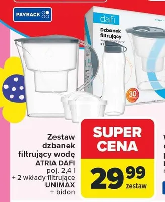 Zestaw dzbanek filtrujący wodę Atria Dafi + 2 wkłady filtrujące Unimax promocja w Carrefour