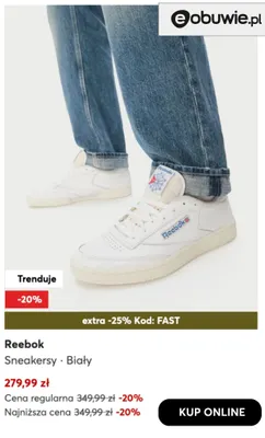 Sneakersy biały Reebok promocja w eobuwie.pl