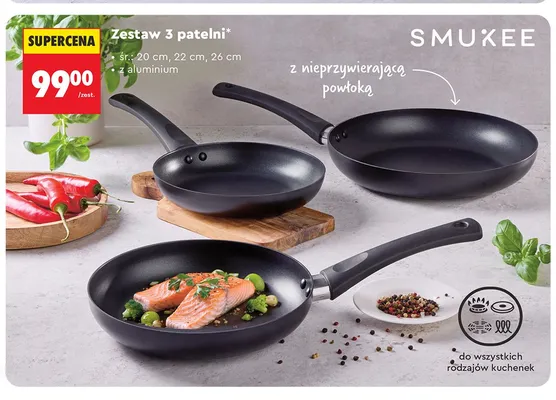 Zestaw 3 patelni SMUKEE z aluminium z nieprzywierającą powłoką 20cm 22cm 26cm promocja w Biedronka