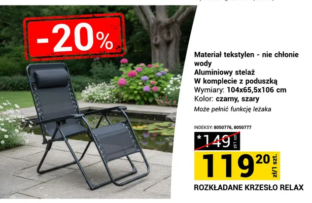 Rozkładane krzesło Relax szare 104x65,5x106cm promocja w Merkury Market